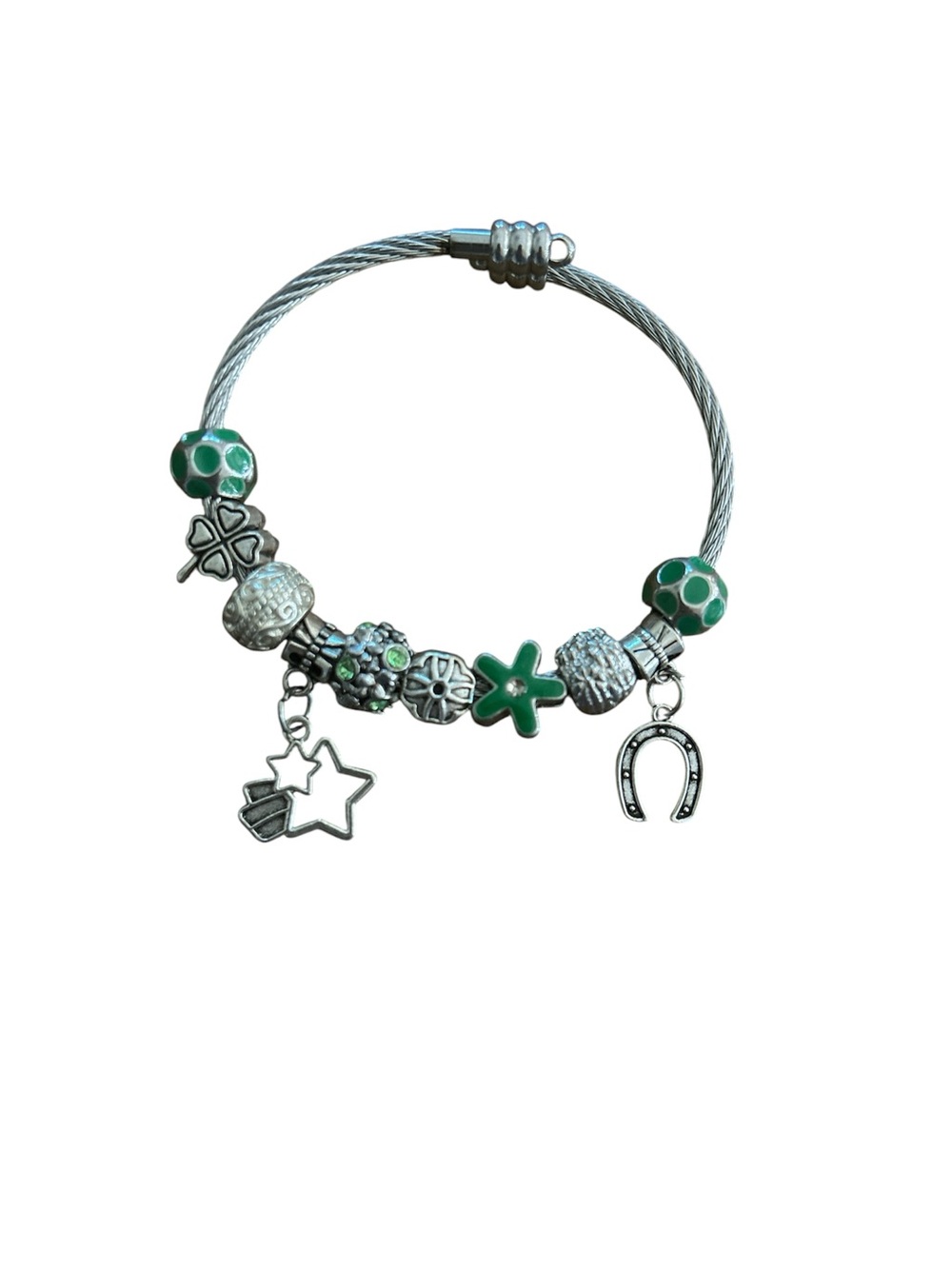 Lucky Green Silver Toned Loaded Charm Bracelet